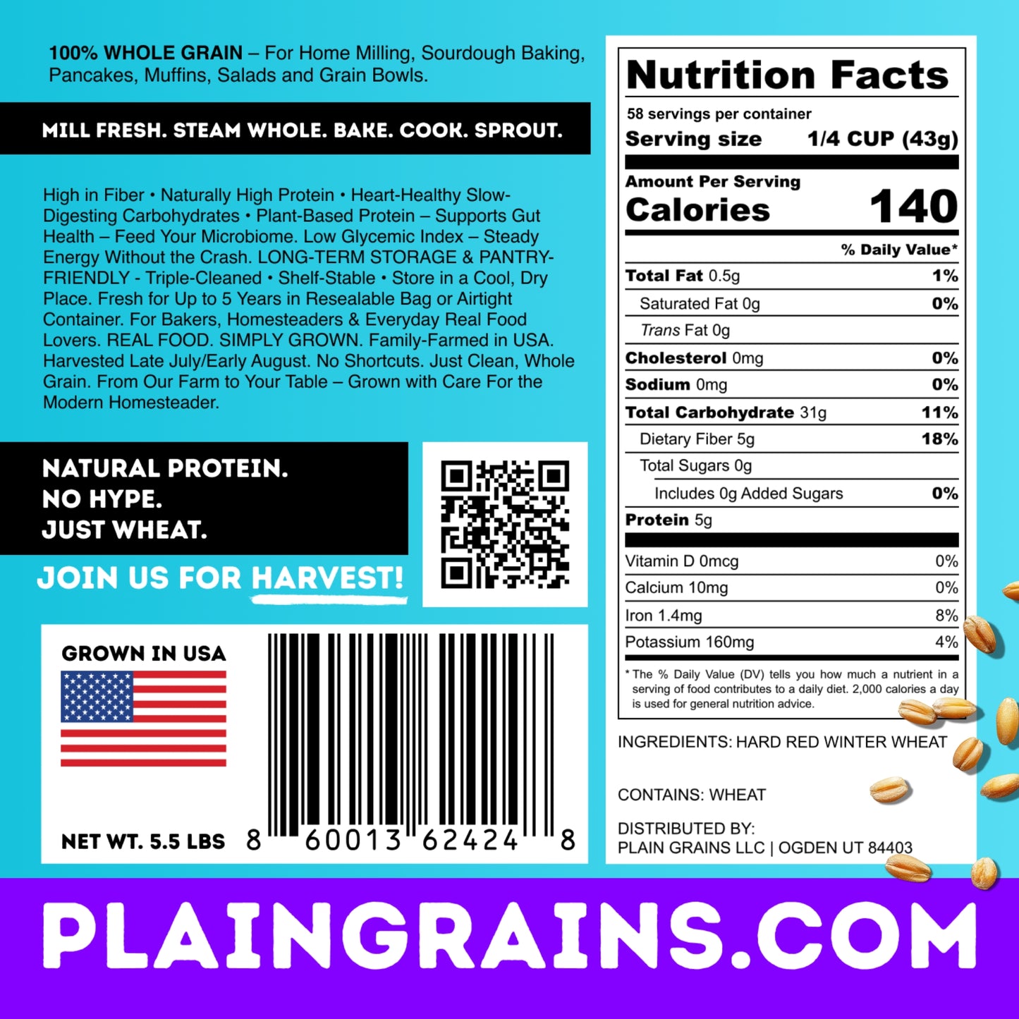 5.5 LB Dry Organic Hard Red Winter Wheat Berries | Single Box