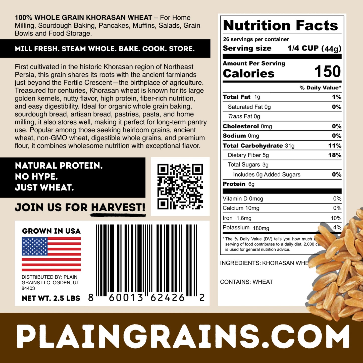 2.5 LB Dry Organic Khorasan Wheat Berries - The Natural Way | Single Box