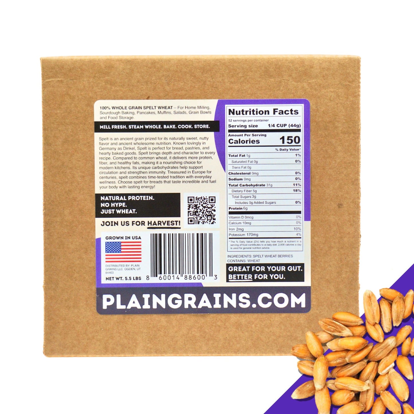 5.5 LB Dry Organic Spelt Wheat Berries - The Natural Way | Single Box